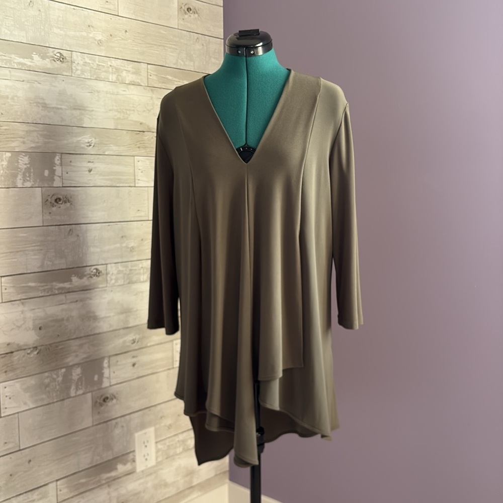 JOSEPH RIBKOFF Khaki Green Asymmetrical Drape Blouse Tunic